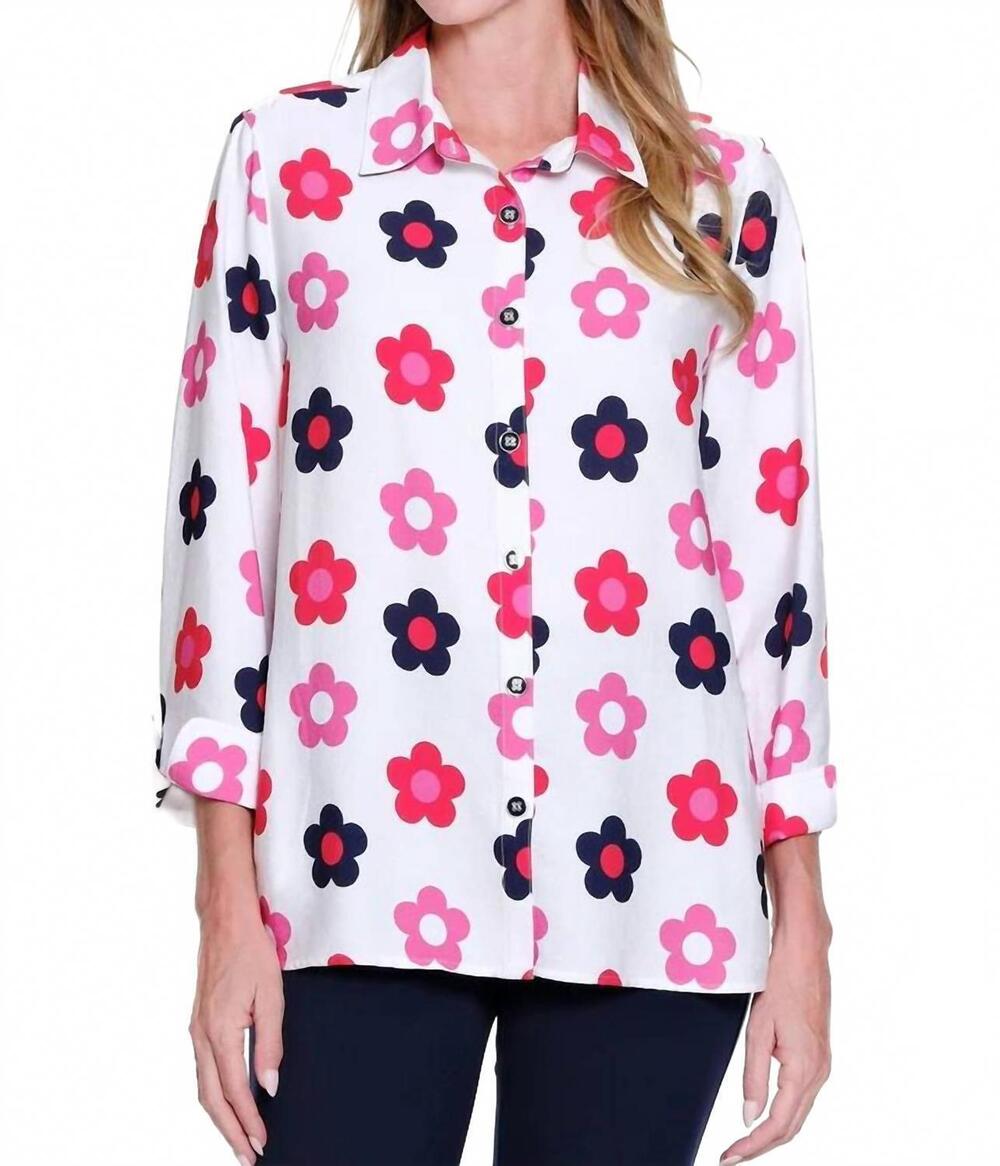 NEW MULTIPLES turn-up cuff 3/4 sleeve button front shirt in multi